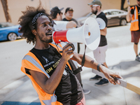 SAG-AFTRA is highlighting actors who voice Disney characters during a video game picket in Burbank, California, on August 15, 2024. (