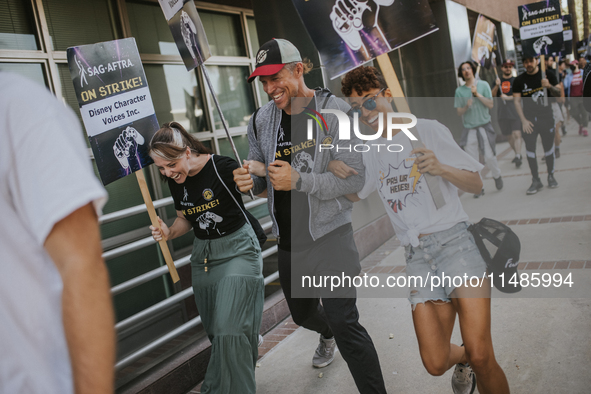 SAG-AFTRA is highlighting actors who voice Disney characters during a video game picket in Burbank, California, on August 15, 2024. 