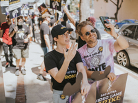 SAG-AFTRA is highlighting actors who voice Disney characters during a video game picket in Burbank, California, on August 15, 2024. (