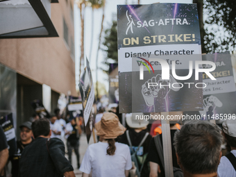 SAG-AFTRA is highlighting actors who voice Disney characters during a video game picket in Burbank, California, on August 15, 2024. (