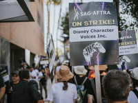 SAG-AFTRA is highlighting actors who voice Disney characters during a video game picket in Burbank, California, on August 15, 2024. (