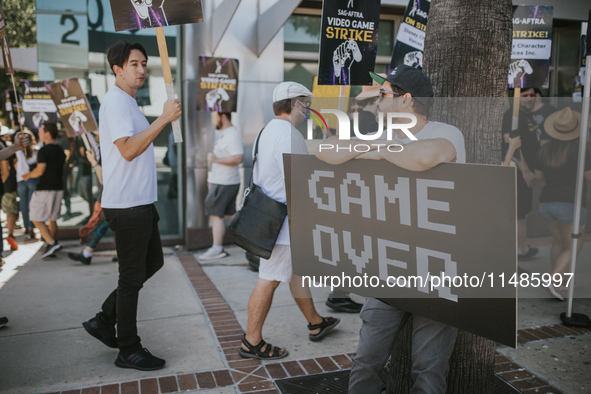 SAG-AFTRA is highlighting actors who voice Disney characters during a video game picket in Burbank, California, on August 15, 2024. 