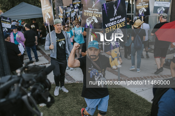 SAG-AFTRA is highlighting actors who voice Disney characters during a video game picket in Burbank, California, on August 15, 2024. 