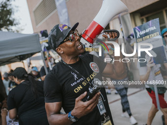 SAG-AFTRA is highlighting actors who voice Disney characters during a video game picket in Burbank, California, on August 15, 2024. (