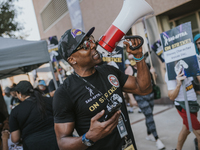 SAG-AFTRA is highlighting actors who voice Disney characters during a video game picket in Burbank, California, on August 15, 2024. (