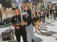 SAG-AFTRA is highlighting actors who voice Disney characters during a video game picket in Burbank, California, on August 15, 2024. (