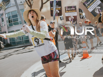 SAG-AFTRA is highlighting actors who voice Disney characters during a video game picket in Burbank, California, on August 15, 2024. (