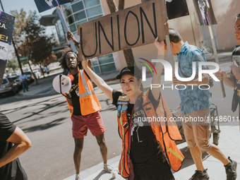 SAG-AFTRA is highlighting actors who voice Disney characters during a video game picket in Burbank, California, on August 15, 2024. (