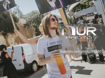 SAG-AFTRA is highlighting actors who voice Disney characters during a video game picket in Burbank, California, on August 15, 2024. (