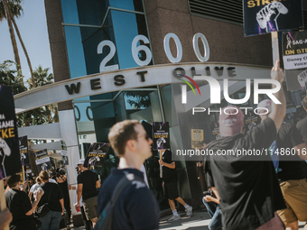 SAG-AFTRA is highlighting actors who voice Disney characters during a video game picket in Burbank, California, on August 15, 2024. (