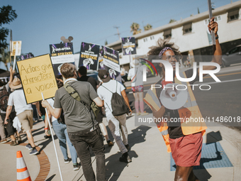 SAG-AFTRA is highlighting actors who voice Disney characters during a video game picket in Burbank, California, on August 15, 2024. (