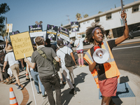 SAG-AFTRA is highlighting actors who voice Disney characters during a video game picket in Burbank, California, on August 15, 2024. (