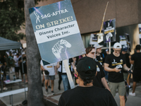 SAG-AFTRA is highlighting actors who voice Disney characters during a video game picket in Burbank, California, on August 15, 2024. (