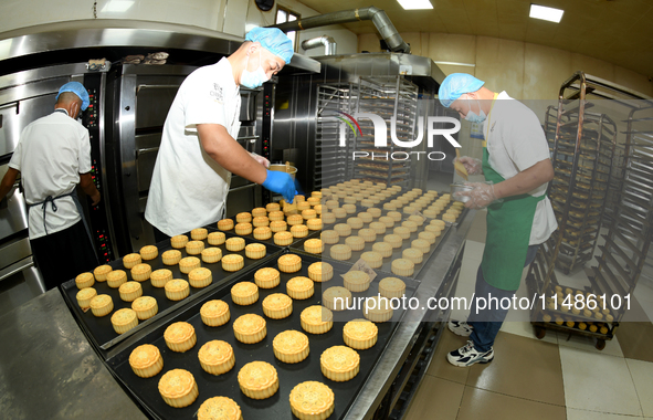 A worker is producing mooncakes at a food workshop in Hai'an, Jiangsu province, China, on August 16, 2024. 