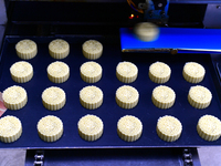 A worker is producing mooncakes at a food workshop in Hai'an, Jiangsu province, China, on August 16, 2024. (