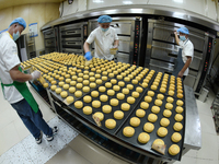 A worker is producing mooncakes at a food workshop in Hai'an, Jiangsu province, China, on August 16, 2024. (