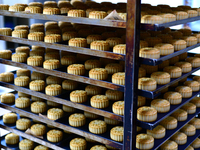 A worker is producing mooncakes at a food workshop in Hai'an, Jiangsu province, China, on August 16, 2024. (