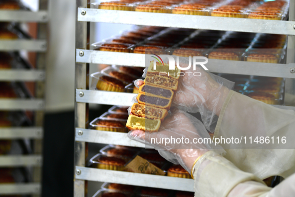 A worker is producing mooncakes at a food workshop in Hai'an, Jiangsu province, China, on August 16, 2024. 