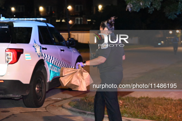 Evidence bags are being collected and put in the back of a Chicago police vehicle. A 28-year-old male victim is being shot numerous times an...