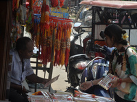 Shoppers are selling Rakhi bracelets in a shop ahead of the Raksha Bandhan festival in Siliguri, India, on August 17, 2024. The Raksha Bandh...