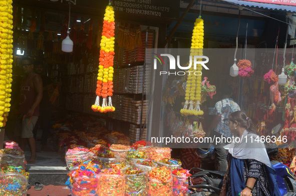 Shoppers are selling Rakhi bracelets in a shop ahead of the Raksha Bandhan festival in Siliguri, India, on August 17, 2024. The Raksha Bandh...