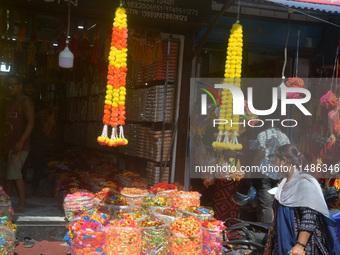 Shoppers are selling Rakhi bracelets in a shop ahead of the Raksha Bandhan festival in Siliguri, India, on August 17, 2024. The Raksha Bandh...