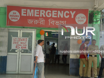 The main entrance of the busiest Siliguri District hospital in Siliguri, India, on August 17, 2024, as other medical staff around India are...