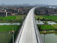 Construction workers are installing overhead contact line poles on the Fuhe River Bridge in the Beijing-Hong Kong High-speed Railway Nanchan...