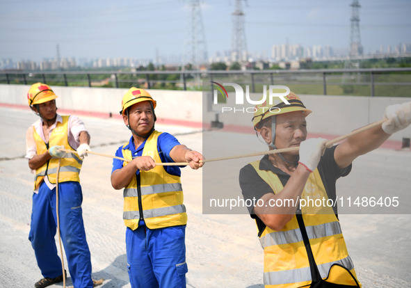 Construction workers are installing overhead contact line poles on the Fuhe River Bridge in the Beijing-Hong Kong High-speed Railway Nanchan...