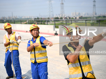 Construction workers are installing overhead contact line poles on the Fuhe River Bridge in the Beijing-Hong Kong High-speed Railway Nanchan...