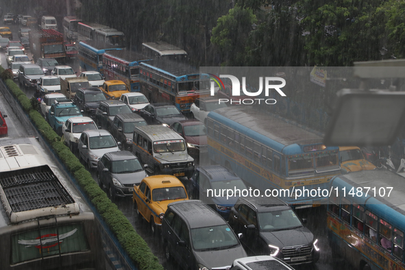 A view is showing a traffic jam following heavy monsoon rains in Kolkata, West Bengal, India, on August 17, 2024. 