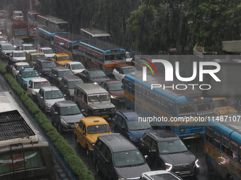 A view is showing a traffic jam following heavy monsoon rains in Kolkata, West Bengal, India, on August 17, 2024. (