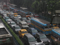 A view is showing a traffic jam following heavy monsoon rains in Kolkata, West Bengal, India, on August 17, 2024. (