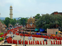 Hindu women devotees are carrying holy water as they take part in a 'Kalash Yatra' during the holy month of 'Sharvan', in Jaipur, Rajasthan,...