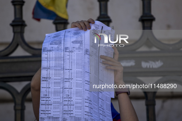 A person is holding the voting report ''Actas'' during a rally in Lisbon, Portugal, on August 17, 2024, at Commerce Square. Opponents to the...