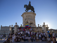 Members of the Venezuelan community are protesting the recent election results in Venezuela during a rally at Commerce Square in Lisbon, Por...