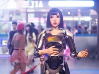 An intelligent bionic ''beauty'' robot is performing and interacting with citizens to answer questions at a shopping mall in Hangzhou, China...