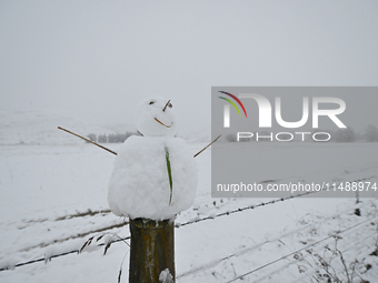 A snowman is being seen on a farm fence during heavy snowfall in Springfield, in the Selwyn District of Canterbury, in the South Island, New...