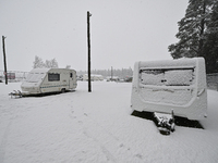 A snow-covered camper van park is being seen during heavy snowfall in Springfield, in the Selwyn District of Canterbury, in the South Island...