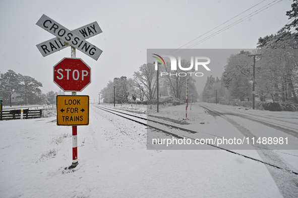 A snow-covered road and a railway track are being seen during heavy snowfall in Springfield, in the Selwyn District of Canterbury, in the So...