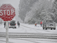 A road sign is being covered with snow during heavy snowfall in Springfield, in the Selwyn District of Canterbury, in the South Island, New...