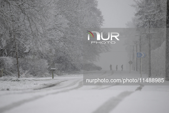 People are crossing a snow-covered road during heavy snowfall in Springfield, in the Selwyn District of Canterbury, in the South Island, New...