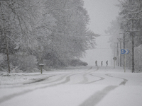 People are crossing a snow-covered road during heavy snowfall in Springfield, in the Selwyn District of Canterbury, in the South Island, New...