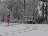 A snow-covered road is being seen during heavy snowfall in Springfield, in the Selwyn District of Canterbury, in the South Island, New Zeala...