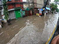 A street is flooding during the heavy monsoon rain in Kolkata, India, on August 18, 2024. (