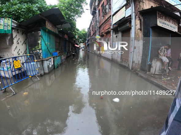 A street is flooding during the heavy monsoon rain in Kolkata, India, on August 18, 2024. 