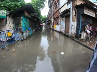 A street is flooding during the heavy monsoon rain in Kolkata, India, on August 18, 2024. (