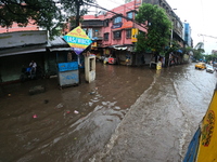 A street is flooding during the heavy monsoon rain in Kolkata, India, on August 18, 2024. (