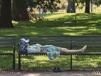 A person is taking an afternoon nap on a park bench at Queens Park in Toronto, Ontario, Canada, on August 14, 2024. (