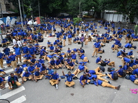 Members of the Gram Police Bahini are blocking the Kakrail intersection in Dhaka, Bangladesh, on August 18, 2024, to protest and demand the...